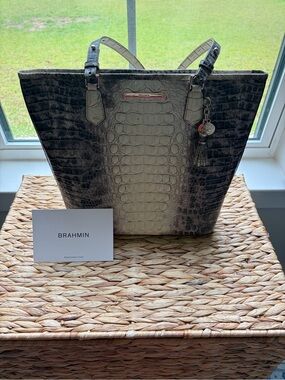 Brahmin Two-Tone Ivory and Gray Croc-Embossed Leather Tote